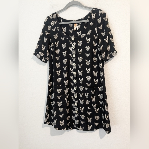 Anthropologie Black Dog Print 100% Silk Short Sleeve Button-Up Mini Slip Dress - Picture 3 of 8